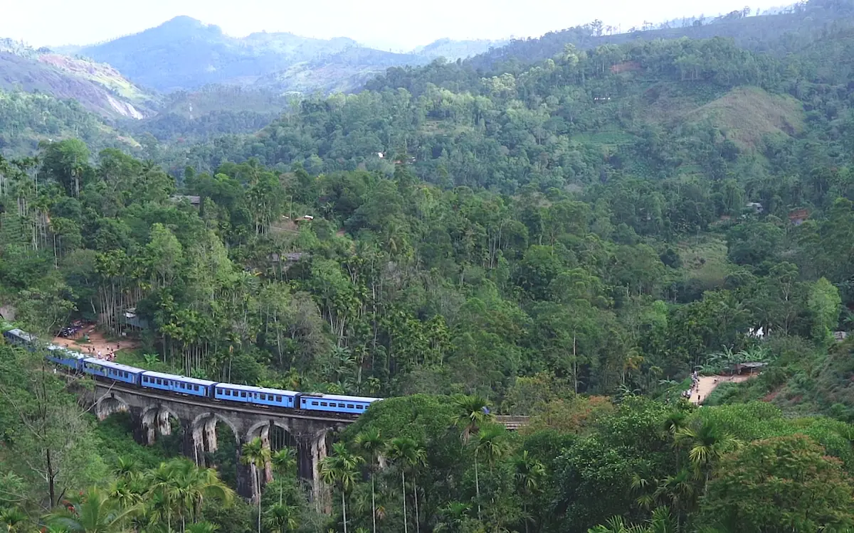 The blue train crossing the Nine Arch Bridge in the jungle